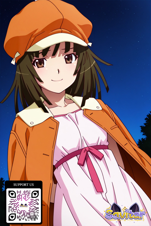 arms_behind_back bangs blush breasts brown_eyes brown_hair cabbie_hat closed_mouth clothing dress female female hat headwear jacket jacket_on_shoulders long_hair long_sleeves looking_at_viewer night night_sky open_clothes orange_headwear orange_jacket outdoors sengoku_nadeko shirt short_hair sky smile solo star_(sky) starry_sky