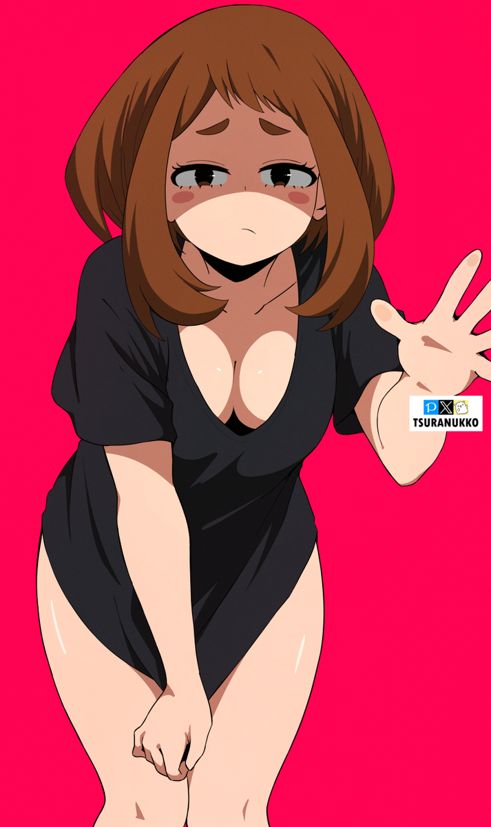 boku_no_hero_academia brown_eyes brown_hair depressed hiding hiding_pussy my_hero_academia neckline ochako_uraraka shirt_only shy solo_female thick_thighs tsuranukko