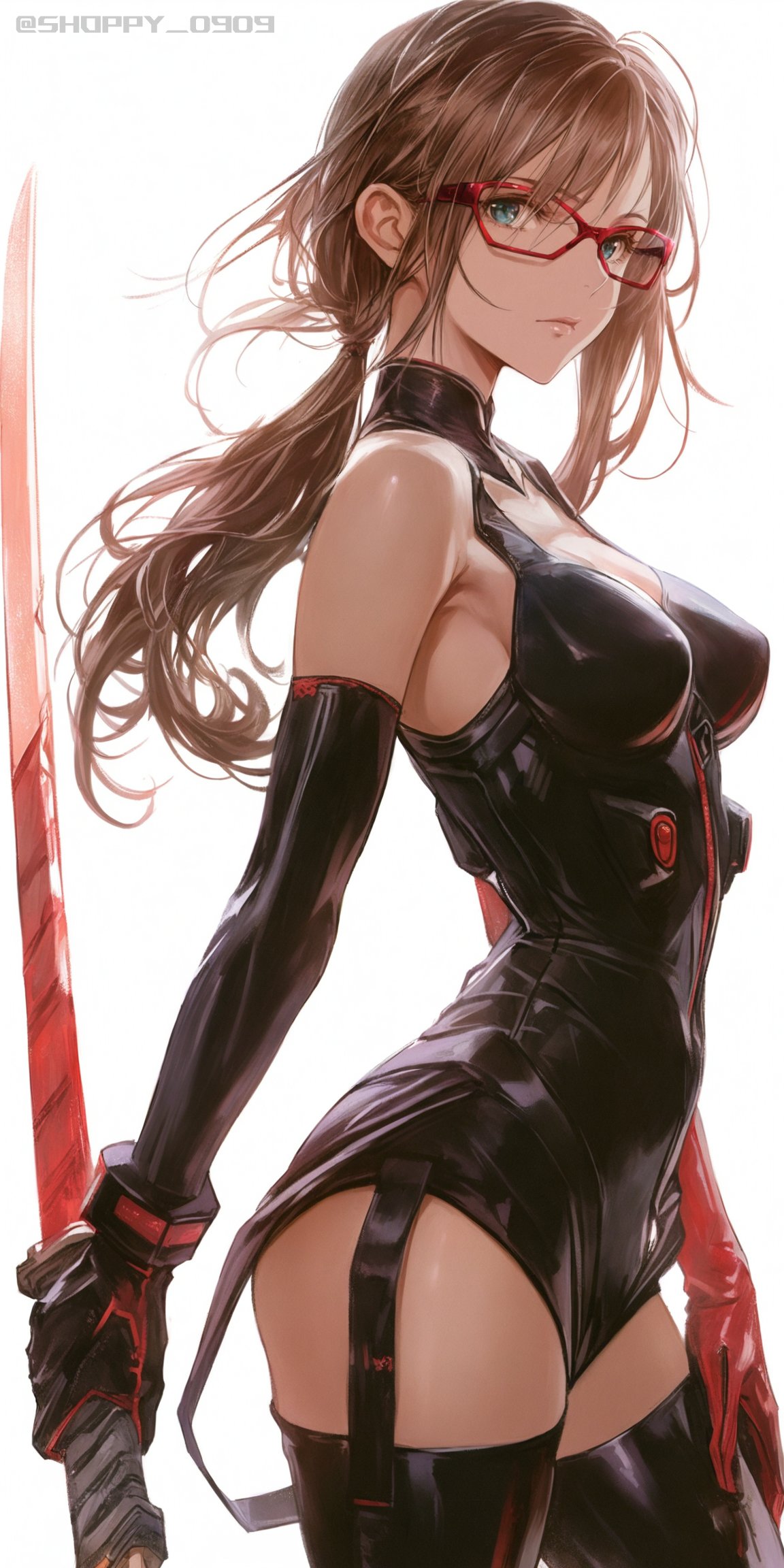 1girls ai_generated alternate_costume brown_hair detached_sleeves garter_straps glasses holding_weapon katana large_breasts latex mari_illustrious_makinami neon_genesis_evangelion serious shoppy thighhighs