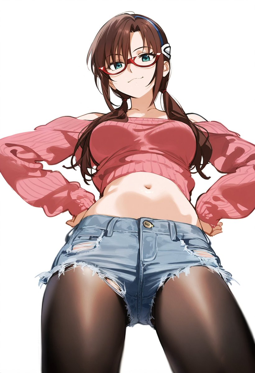 1girls ai_generated brown_hair glasses hands_on_own_hips large_breasts looking_down mari_illustrious_makinami neon_genesis_evangelion shoppy smile sweater