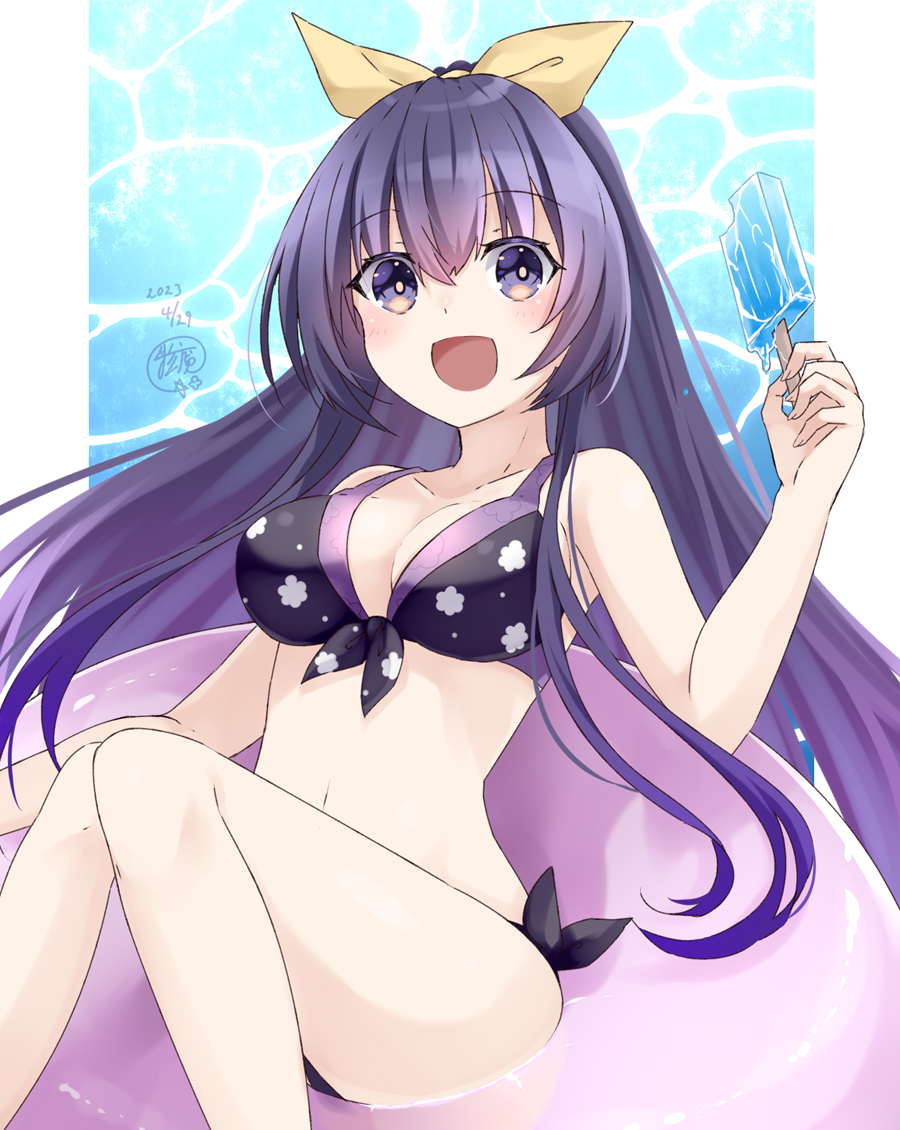 1girls 2d 2d_(artwork) bikini breasts date_a_live light-skinned_female long_hair open_mouth pool purple_eyes purple_hair solo solo_female thighs yatogami_tohka