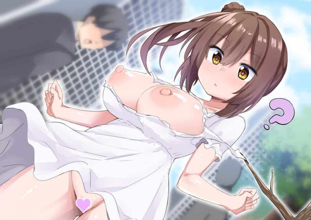 1boy :o ? accidental_exposure blush braid branch breasts breasts_out brown_hair censored cevio chipa_(arutana) day dress faceless faceless_male female hair_bun heart heart_censor large_breasts long_hair looking_down nipples no_bra no_panties outdoors parted_lips satou_sasara short_sleeves side_ponytail silhouette single_braid single_side_bun solo_focus torn_clothes torn_dress white_dress yellow_eyes