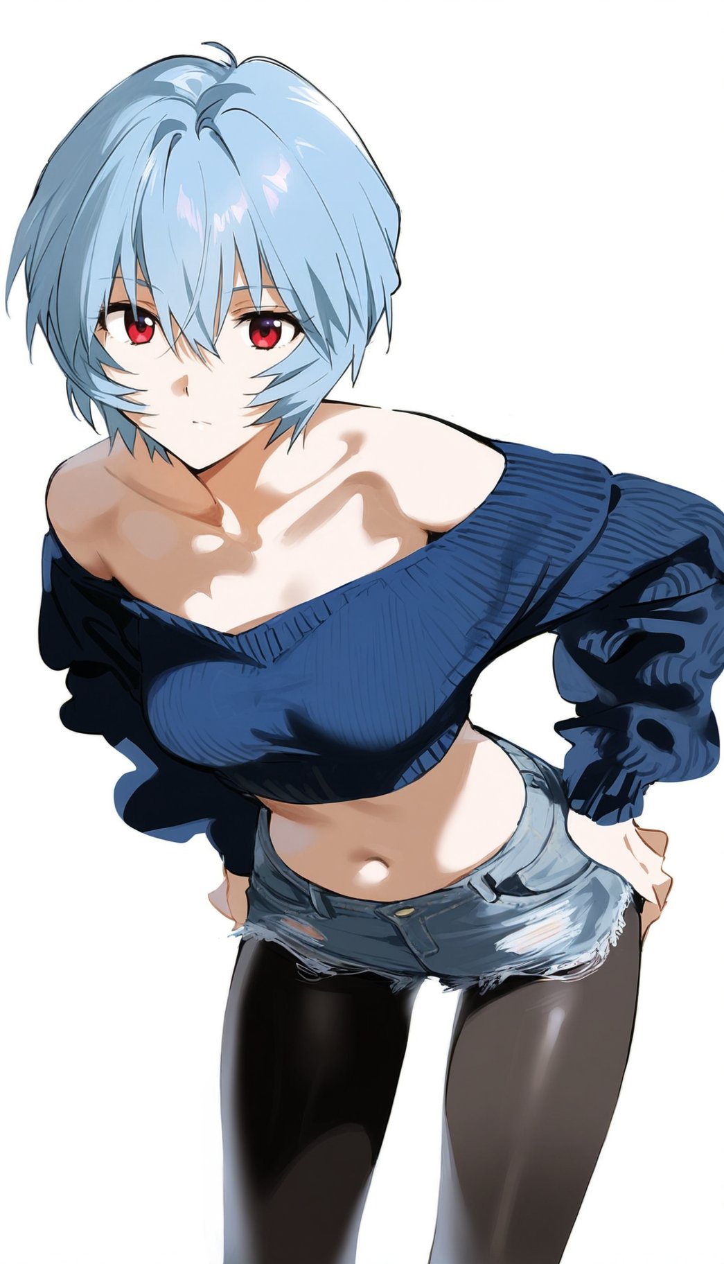 1girls ai_generated alternate_costume blue_hair hands_on_own_hips jeans_shorts large_breasts leggings navel neon_genesis_evangelion rei_ayanami serious shoppy short_hair shorts sweater