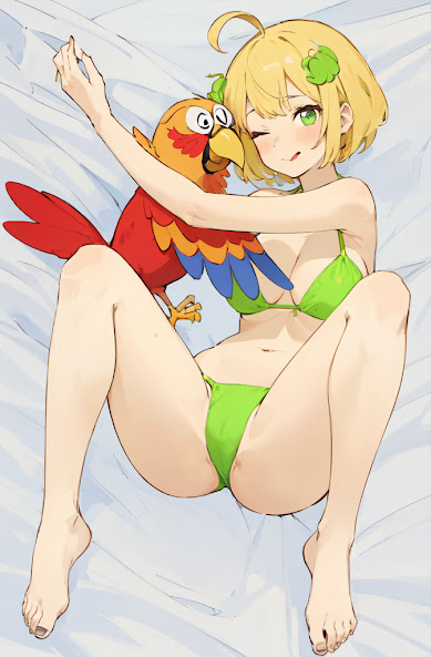 1girl ai_generated bed bestiality bikini blonde_hair cuddling dakimakura female green_eyes hair_ornament hug hugging mellonnchan parrot sergio the_casagrandes the_loud_house zoophilia