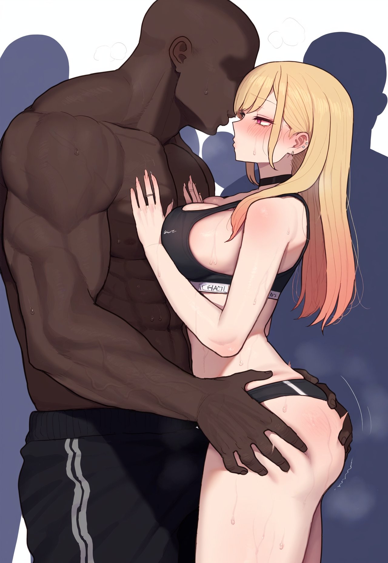 1boy 1girls abs ai_generated anime_nose background_characters bald blacked_clothing blonde_female blonde_hair coomersucc dark-skinned_male duo_focus eyeless_male female female_focus grabbing gym_clothes hugging human imminent_sex interracial light-skinned_female long_hair male male_nipples muscles muscular_male no_visible_genitalia ntr topless_male