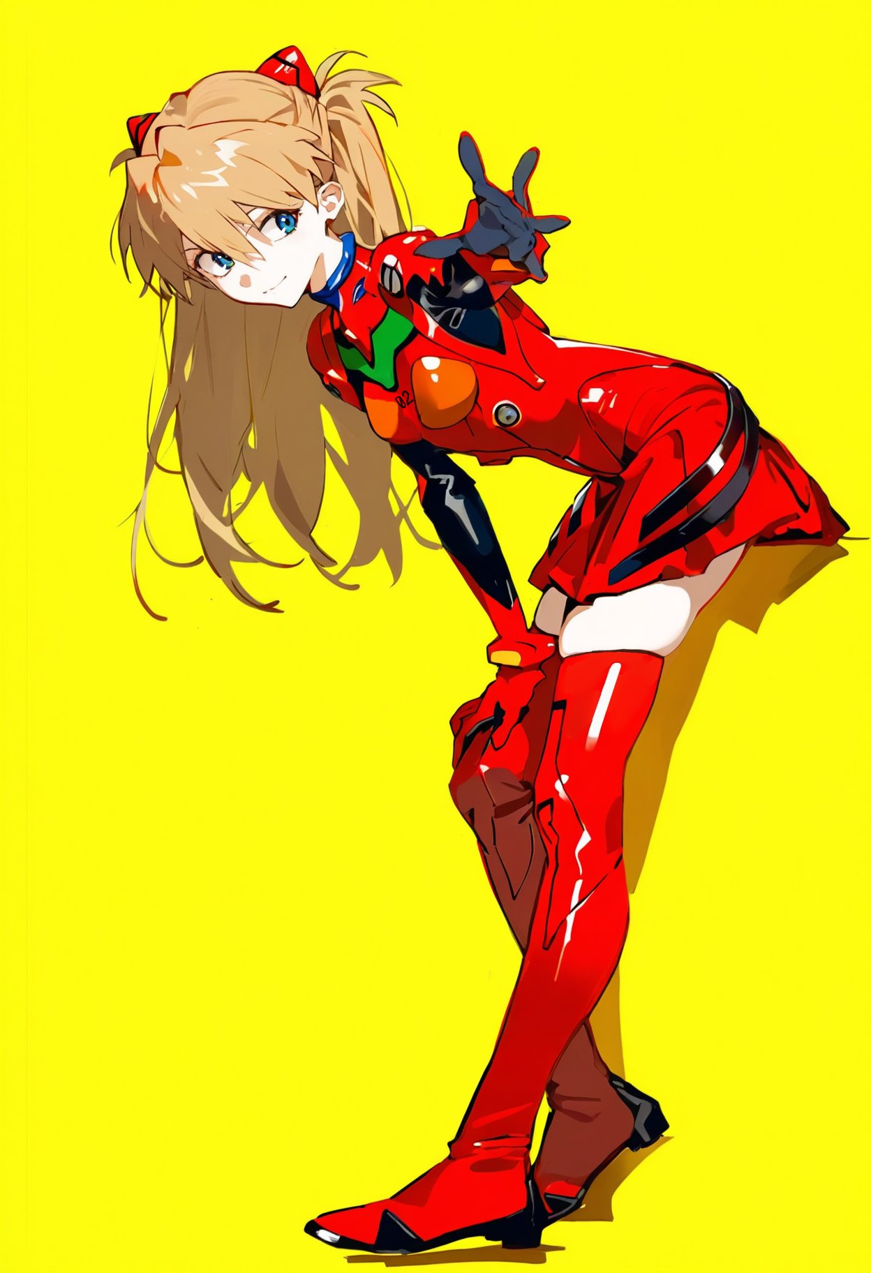 1girls adapted_costume against_wall ai_generated asuka_langley_sohryu full_body grabbing_own_leg hand_on_own_leg hanging_breasts large_breasts latex neon_genesis_evangelion orange_hair plugsuit shoppy skirt smile yellow_background