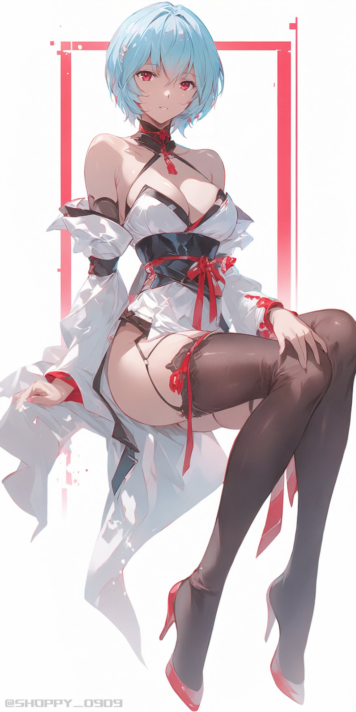 1girls ai_generated alternate_costume blue_hair full_body heels kimono large_breasts neon_genesis_evangelion rei_ayanami shoppy short_hair sitting thighhighs