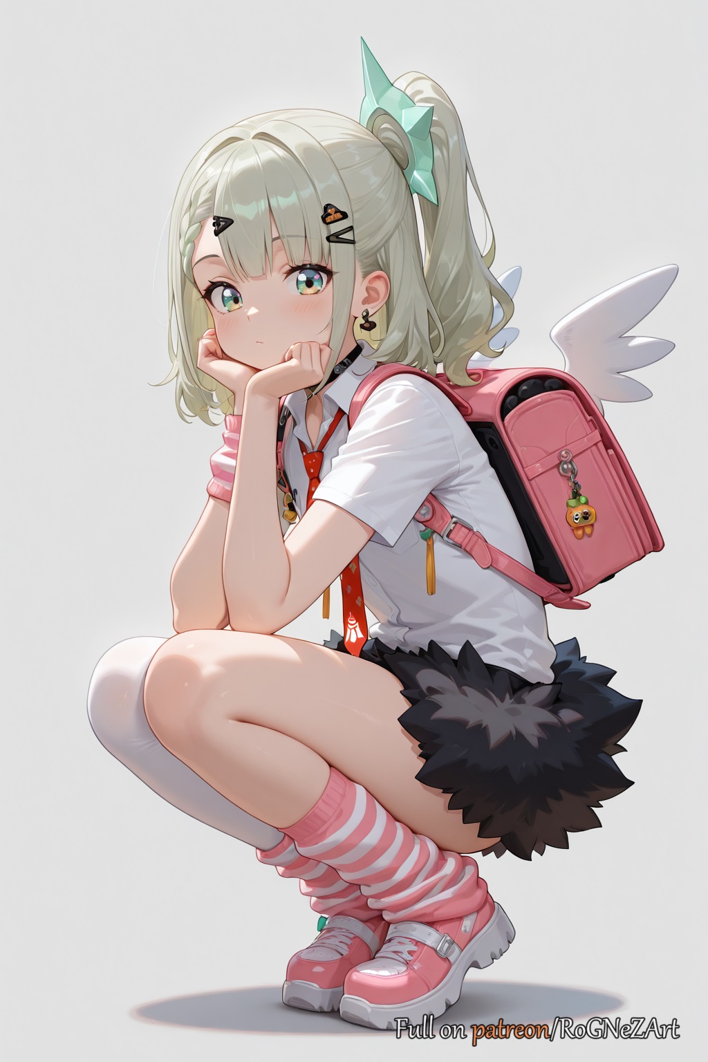 2025, ai generated, angels of delusion, asymmetrical legwear, backpack, bag, bangs, black choker, black skirt, blush, braid, braided hair, choker, closed mouth, collared shirt, demon wings, earrings, eye contact, female, female focus, female only, flushed, full body, green eyes, grey background, hair accessory, hair ornament, hairclip, highres, hoyoverse, jewelry, long hair, looking at viewer, mihoyo, necktie, neutral expression, patreon, pink footwear, ponytail, randoseru, red necktie, rognezart, safe for work, sfw, shirt, shoes, short sleeves, simple background, single thighhigh, skirt, socks, solo, squatting, striped, sunna (zenless zone zero), thick thighs, thighhighs, thighs, very long hair, watermark, white shirt, wings, zenless zone zero