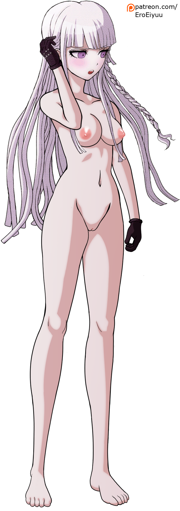 artist_name bare_arms bare_hips bare_legs bare_shoulders bare_stomach barefoot black_gloves blush braid braided_ponytail breasts collarbone danganronpa danganronpa:_trigger_happy_havoc danganronpa_(series) eroeiyuu eyebrows eyelashes female female_focus full_body functionally_nude gloves hand_up highres leather leather_gloves matching_hair/eyes medium_breasts navel nipples nude nude_filter official_art patreon_username purple_eyes purple_hair pussy signature simple_background solo solo_focus standing teeth third-party_edit transparent_background upper_teeth_only