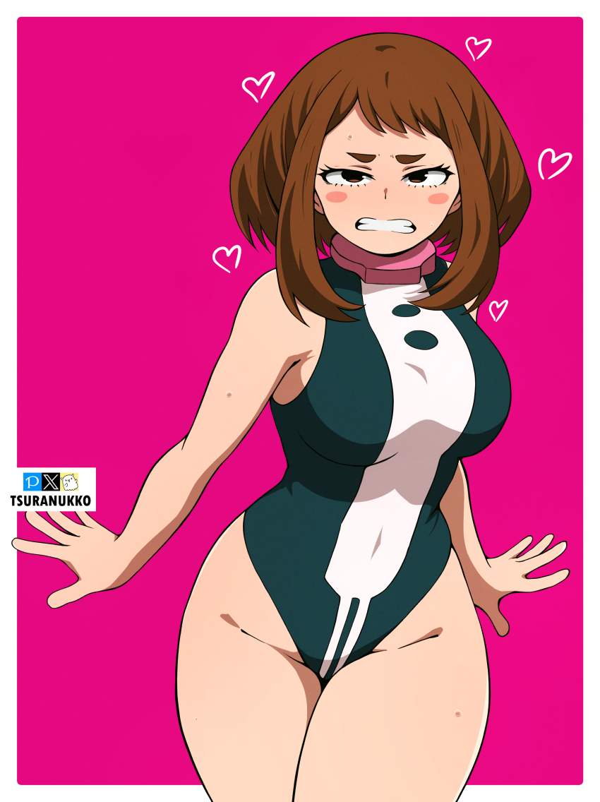 1girls, angry face, bodysuit, boku no hero academia, brown hair, brown-haired female, female, female human, front view, hero outfit (mha), human, leotard, light skin, light-skinned female, my hero academia, ochako uraraka, ochako uraraka (hero outfit), solo female, superhero costume, superheroine, teenager, thick thighs, tsuranukko
