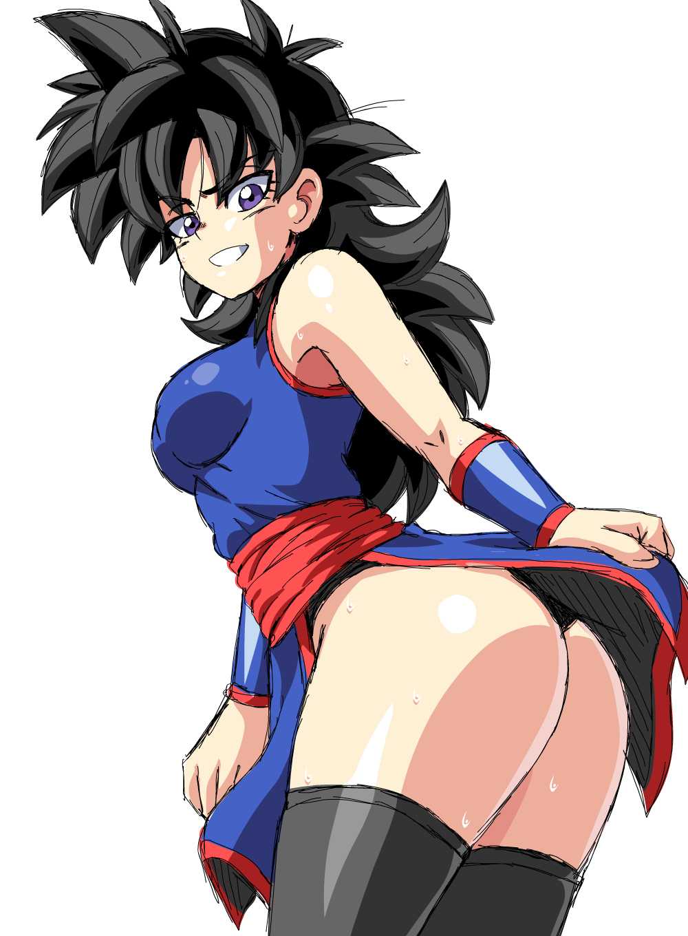 1girls ass ass_focus bent_over black_hair black_panties booty breasts clothed dragon_ball dragon_ball_xenoverse dragon_ball_z fan_character female female_only female_saiyan flashing from_below grin lewdamone long_hair looking_at_viewer looking_back low-angle_view myra_(steedoj) oc original_character panties pantyshot purple_eyes round_ass saiyan shiny shiny_clothes shiny_hair shiny_skin smile spiky_hair sweat sweatdrop teasing thighhighs thighs wet white_background