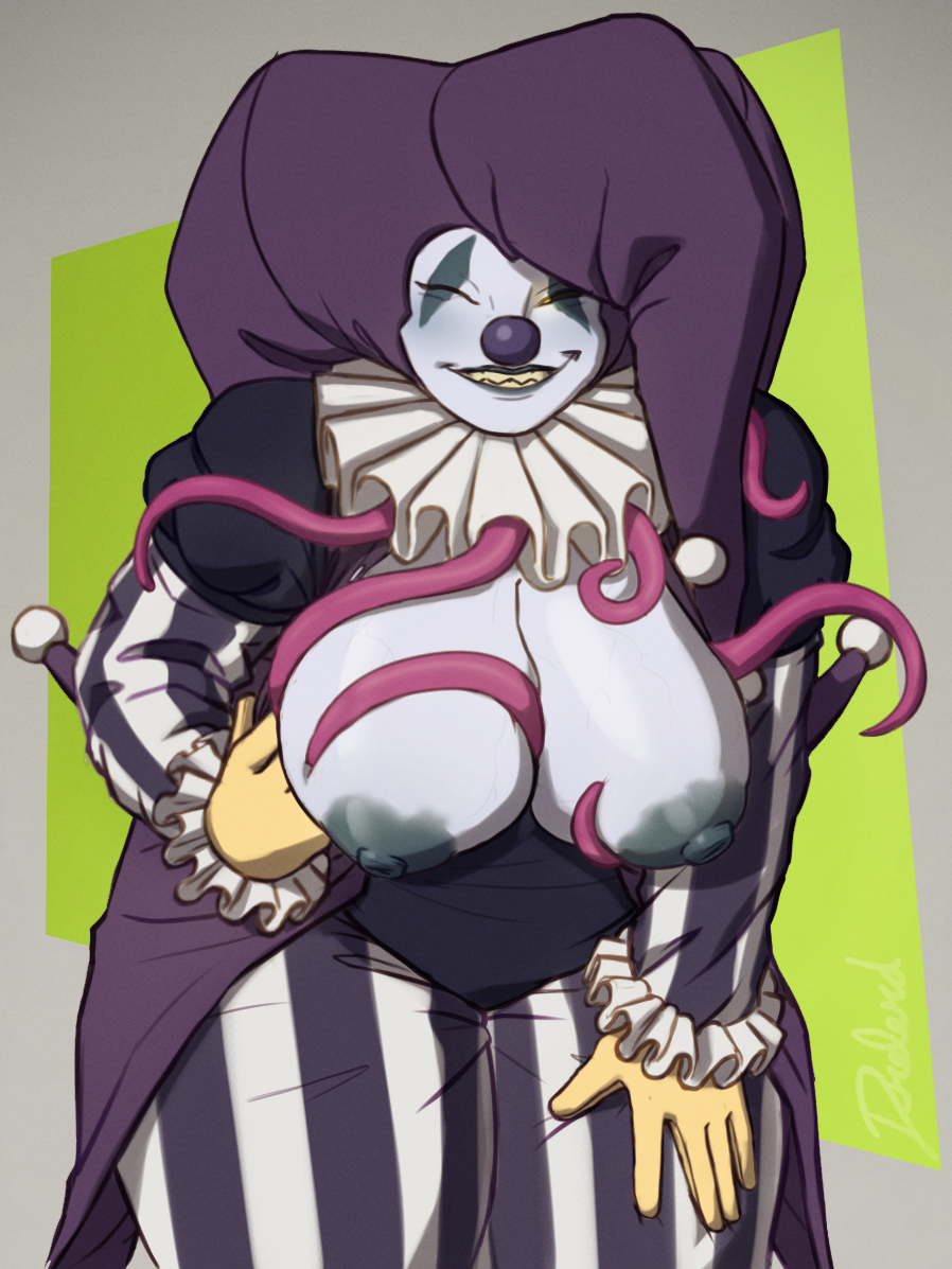 big_ass big_breasts big_butt big_nipples cheeky clown clown_girl clown_makeup clown_nose clussy drelard fangs huge_breasts jester jester_hat jester_outfit sharp_teeth smug smug_face smug_grin tentacle thick_thighs thighs