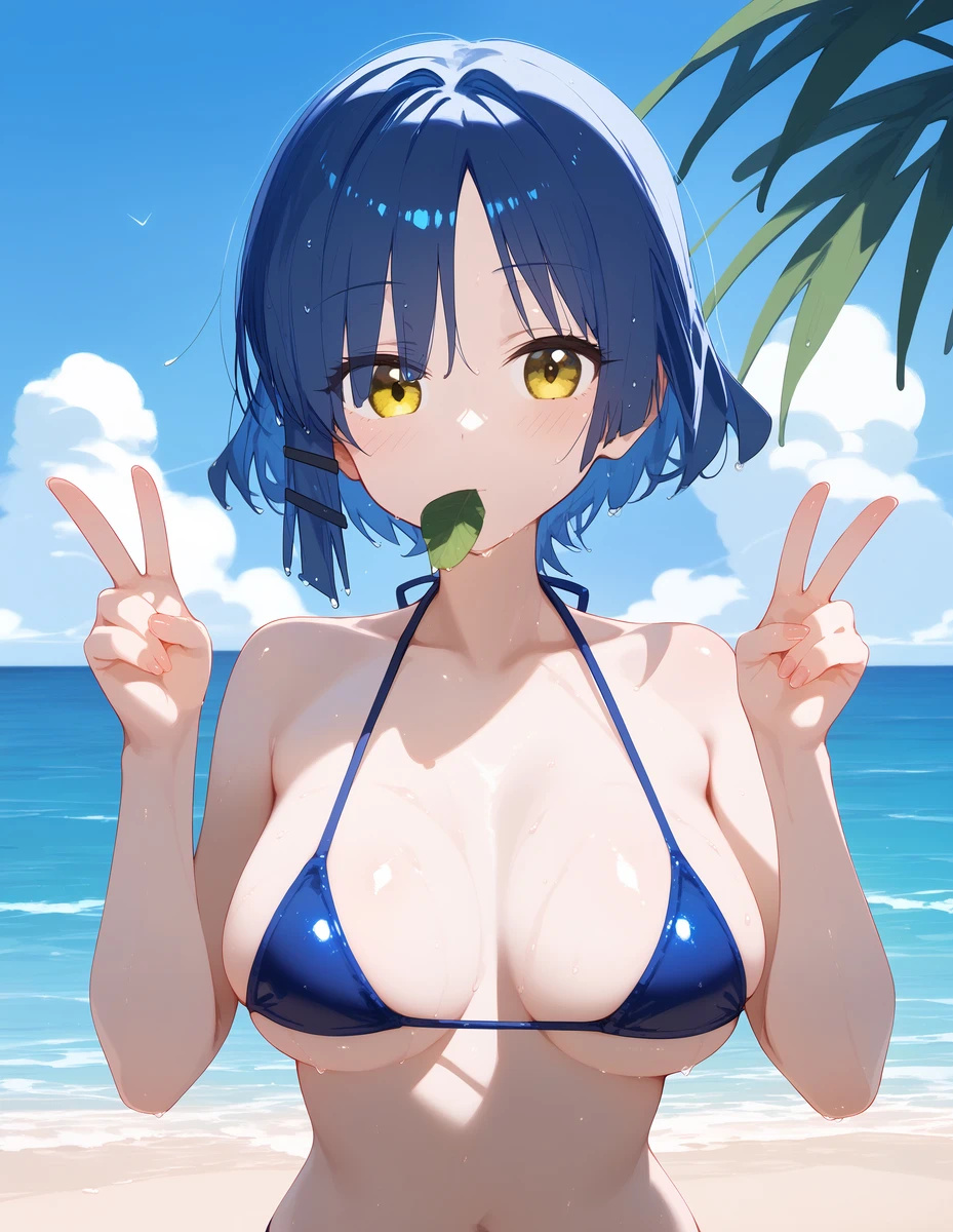 ai_generated beach big_breasts bikini blue_hair bocchi_the_rock! huge_breasts large_breasts light-skinned_male light_skin looking_at_viewer mako_(artist) oiled_body oiled_skin peace_sign solo_female squatting sweat sweatdrop voluptuous voluptuous_female yamada_ryou yellow_eyes