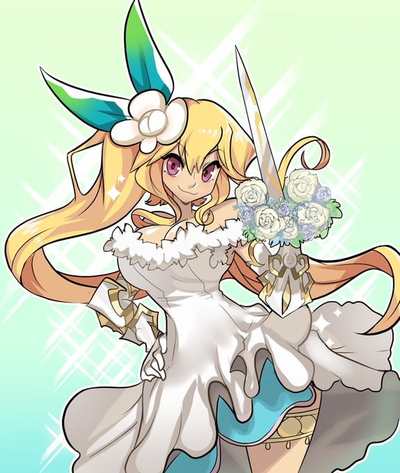 1girls blonde_hair cleavage clothed_female cygames dragalia_lost elisanne exposed_shoulders female_only flower flower_in_hair hand_on_hip holding_weapon large_breasts leg_band long_hair missandydandy nintendo pink_eyes ponytail sword thighs wedding_dress