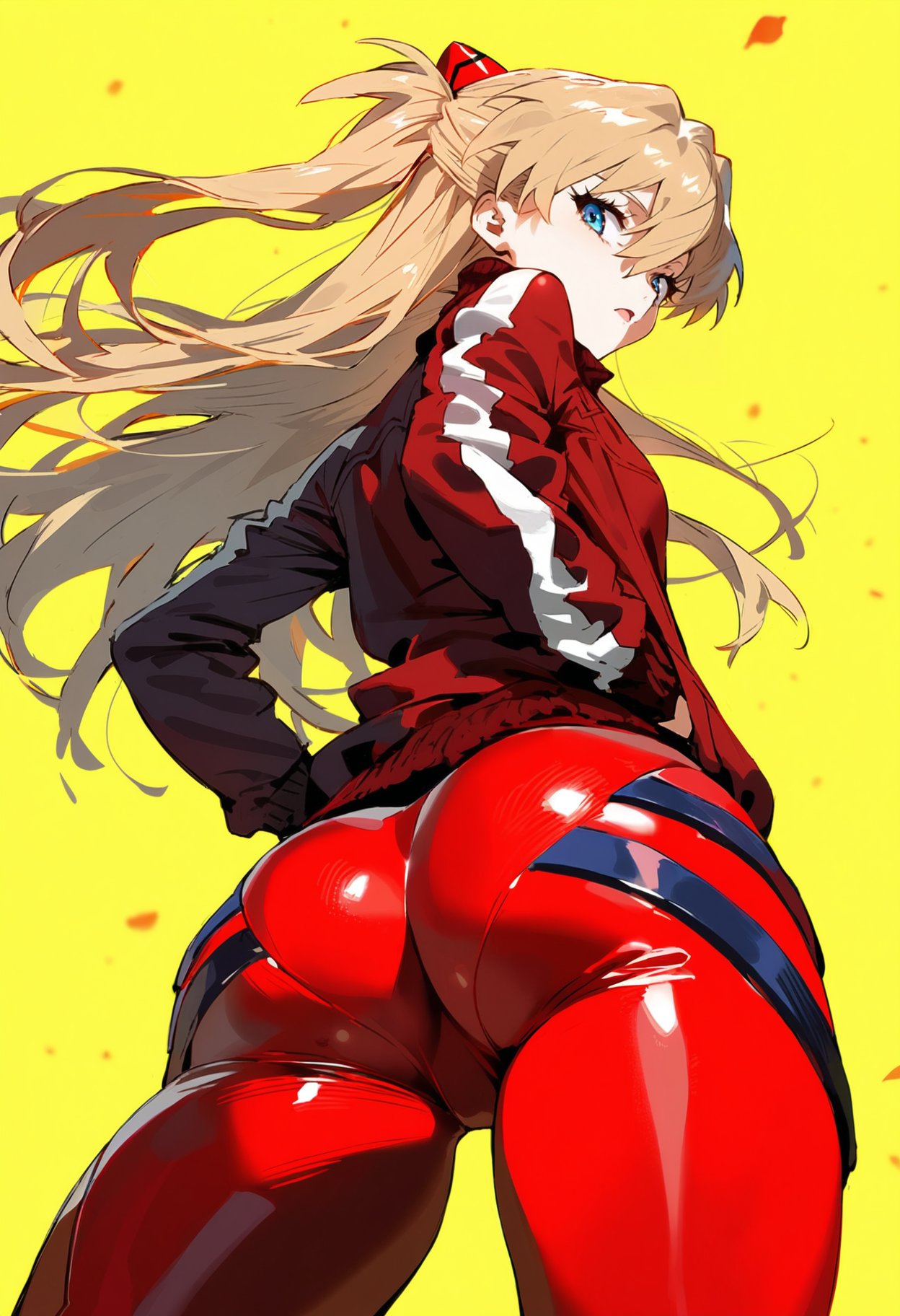 1girls ai_generated ass ass_focus asuka_langley_sohryu autumn_leaves booty cameltoe hand_on_pocket jacket leaf long_hair looking_back looking_down neon_genesis_evangelion orange_hair plugsuit shoppy yellow_background