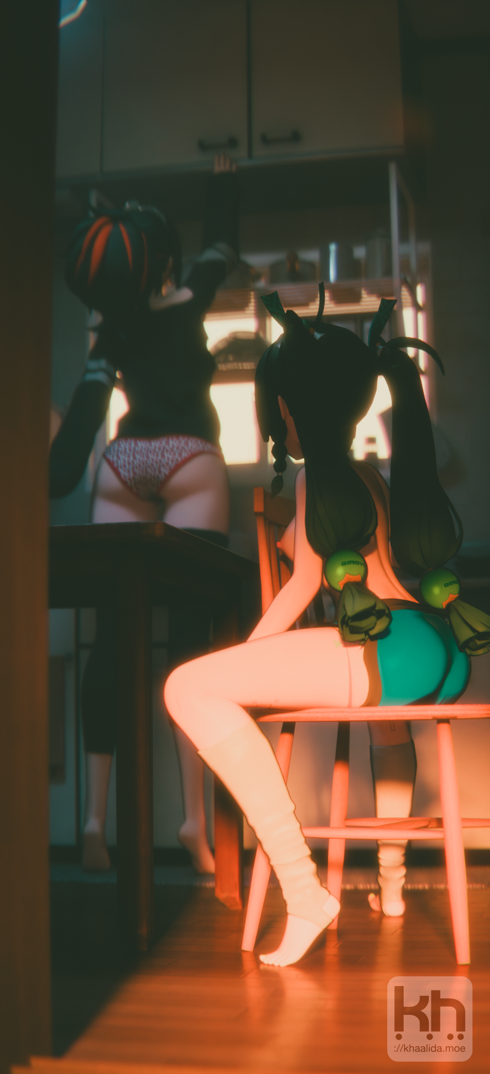 3d 
small_breasts black_hair booty_shorts facing_away green_hair khaalida legwarmers panties qingyi_(zenless_zone_zero) reaching_out sitting_on_chair stirrup_socks sweater topless_female twintails zenless_zone_zero zhu_yuan