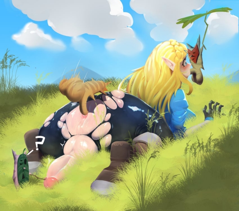 ass, blonde hair, blue eyes, braid, breath of the wild, cloud, day, feet, fellatio, female, futa focus, futanari, gangbang, grass, group, huge ass, intersex, korok, larger futa, liuskin, long hair, male, on stomach, outdoors, penis, penis size difference, pointy ears, princess zelda, size difference, sky, smaller male, straight, the legend of zelda, torn clothes, tree, wood, zelda (breath of the wild)