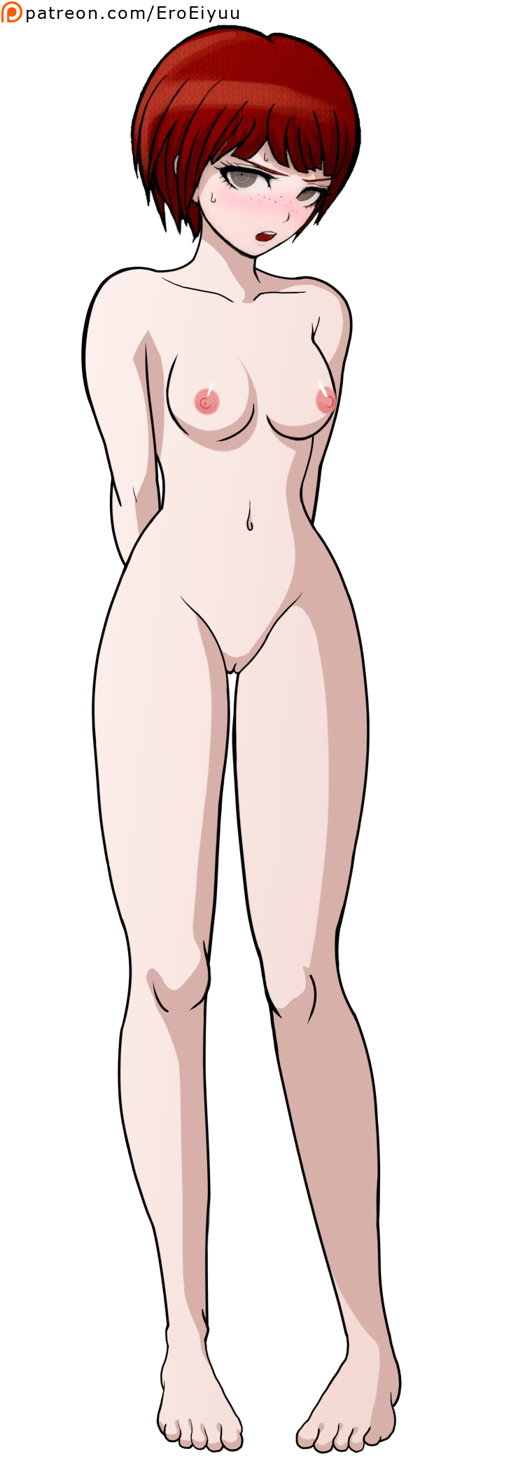 arms_behind_back artist_name bare_arms bare_hips bare_legs bare_shoulders bare_stomach barefoot blush breasts brown_eyes collarbone completely_nude danganronpa danganronpa_(series) danganronpa_2:_goodbye_despair embarrassed eroeiyuu eyebrows eyelashes feet female female_focus freckles highres koizumi_mahiru looking_at_viewer medium_hair nipples nude nude_filter official_art open_mouth patreon_username pussy red_hair signature simple_background small_breasts solo solo_focus standing sweat sweatdrop teeth third-party_edit toes transparent_background upper_teeth_only