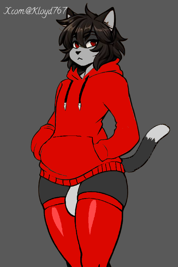 balls black_fur black_hair black_panties bulge cat_tail curvy_figure curvy_male feline femboy furry gay gray_fur hoodie kloyd767 red_eyes red_hoodie roy(kloyd767) simple_background smirking thick_thighs thigh_highs