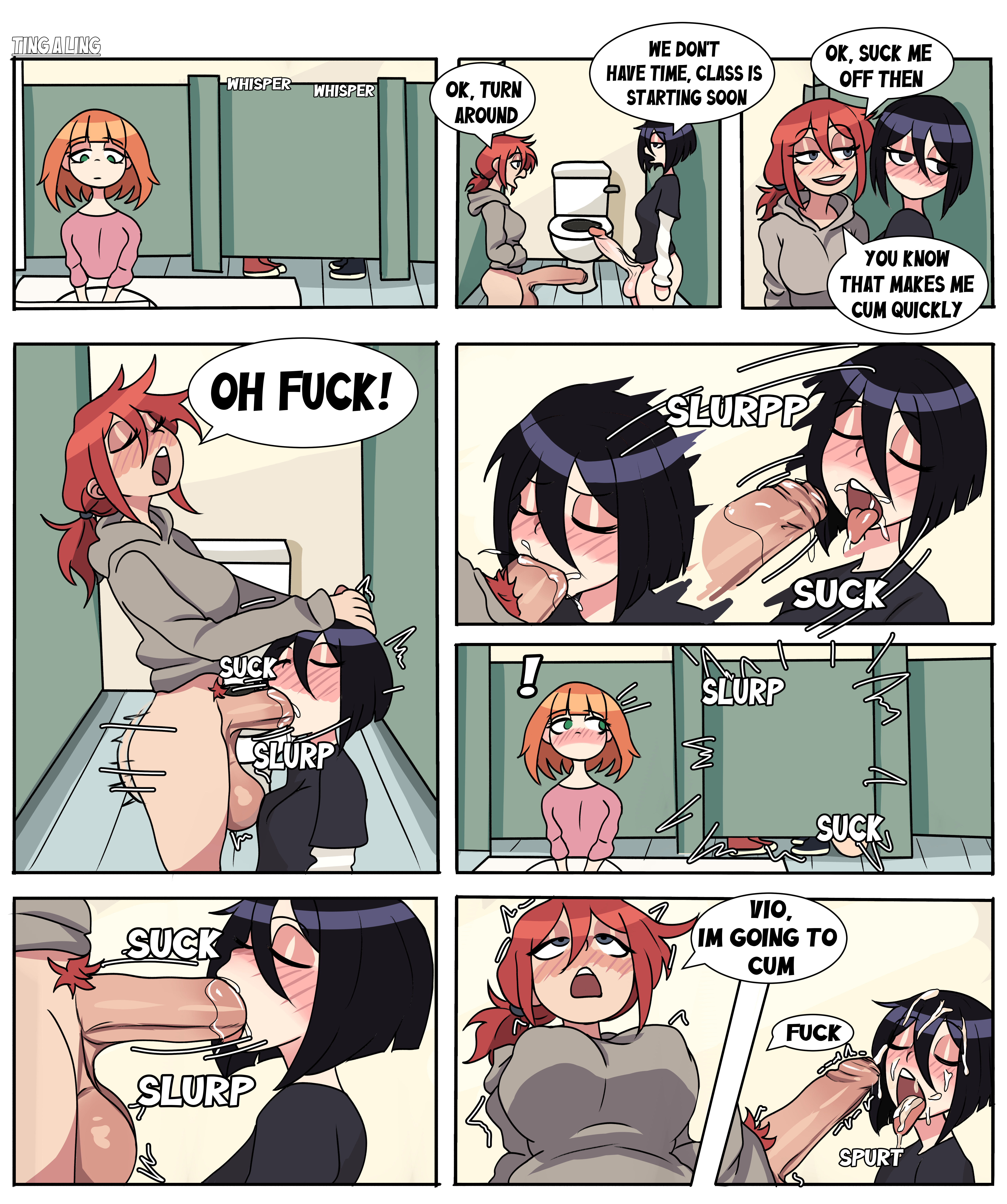 1girls, 2futas, balls, bathroom, bathroom stall, big balls, big penis, black hair, bottomless, comic, cum, duo focus, english dialogue, english text, face fucking, facial, fellatio, female, futa focus, futa on futa, futanari, huge balls, huge cock, huge testicles, human, intersex, light skin, light-skinned futa, oral, oral sex, orange hair, original, original character, original characters, overhearing sex, penis, pubic hair, public, public sex, red hair, restroom stall, self upload, skye (tingalinguy), speech bubble, testicles, tingalinguy, toilet, violet (tingalinguy)