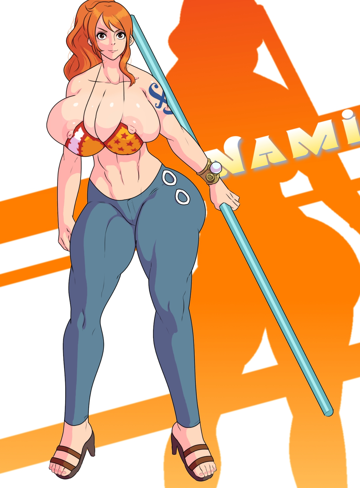 1girls, abs, areola, bikini, bikini bra, bikini top, breasts, brown eyes, busty, cleavage, clima-tact, clothing, female, female only, high heels, huge breasts, human, jay-marvel, jeans, long hair, nami (one piece), nipple slip, nipples, one piece, open toe shoes, orange hair, ponytail, post-timeskip, smile, solo, staff, tied hair, voluptuous, wide hips