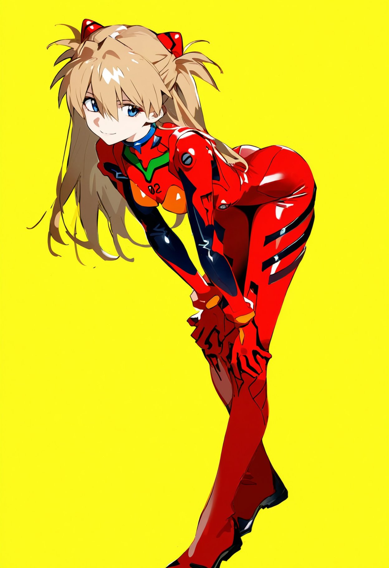 1girls against_wall ai_generated asuka_langley_sohryu full_body grabbing_own_leg hands_on_own_legs large_breasts neon_genesis_evangelion orange_hair plugsuit shoppy smile yellow_background