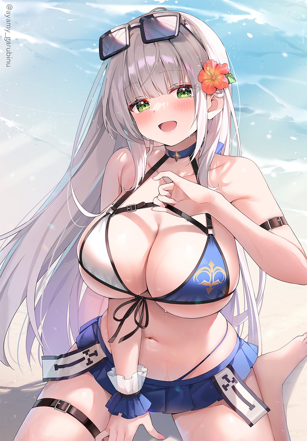 arm_belt ayamy barefoot beach belt bikini bikini_skirt blue_bikini blush breasts chest_belt cleavage commentary_request day eyewear_on_head feet female floating_hair flower front-tie_bikini_top front-tie_top green_eyes grey_hair hair_flower hair_ornament highleg highleg_bikini highres hololive large_breasts long_hair looking_at_viewer mole mole_on_breast navel ocean open_mouth outdoors red_flower seiza shirogane_noel shirogane_noel_(summer_2020) shore sitting smile solo sunglasses swimsuit thigh_belt thigh_strap twitter_username two-tone_bikini very_long_hair virtual_youtuber water_drop wet white_bikini