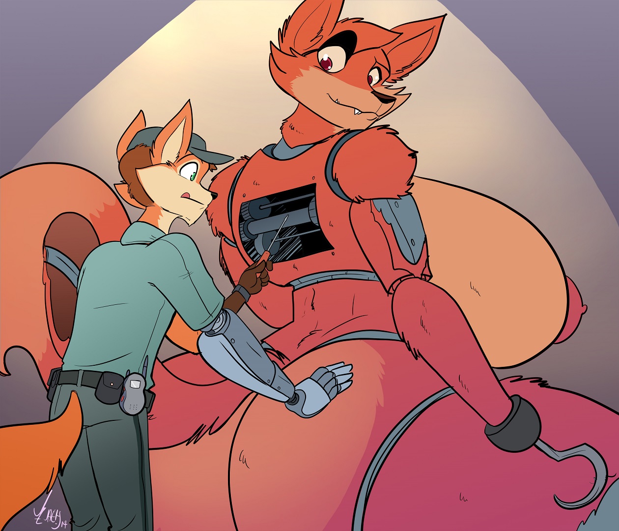 1boy, 1girls, animatronic, anthro, ass, big breasts, breasts, canine, duo, fangs, female, female focus, five nights at freddy's, fox, foxy (fnaf), green eyes, hat, huge breasts, hyper, hyper breasts, jaeh, large breasts, larger female, looking back, machine, male, mammal, mechanical, nipples, nude, nudity, original, original character, red eyes, robot, rule 63, scottgames, sideboob, size difference, smaller male, thick thighs, thighs, tongue, tongue out, video games, zet fox