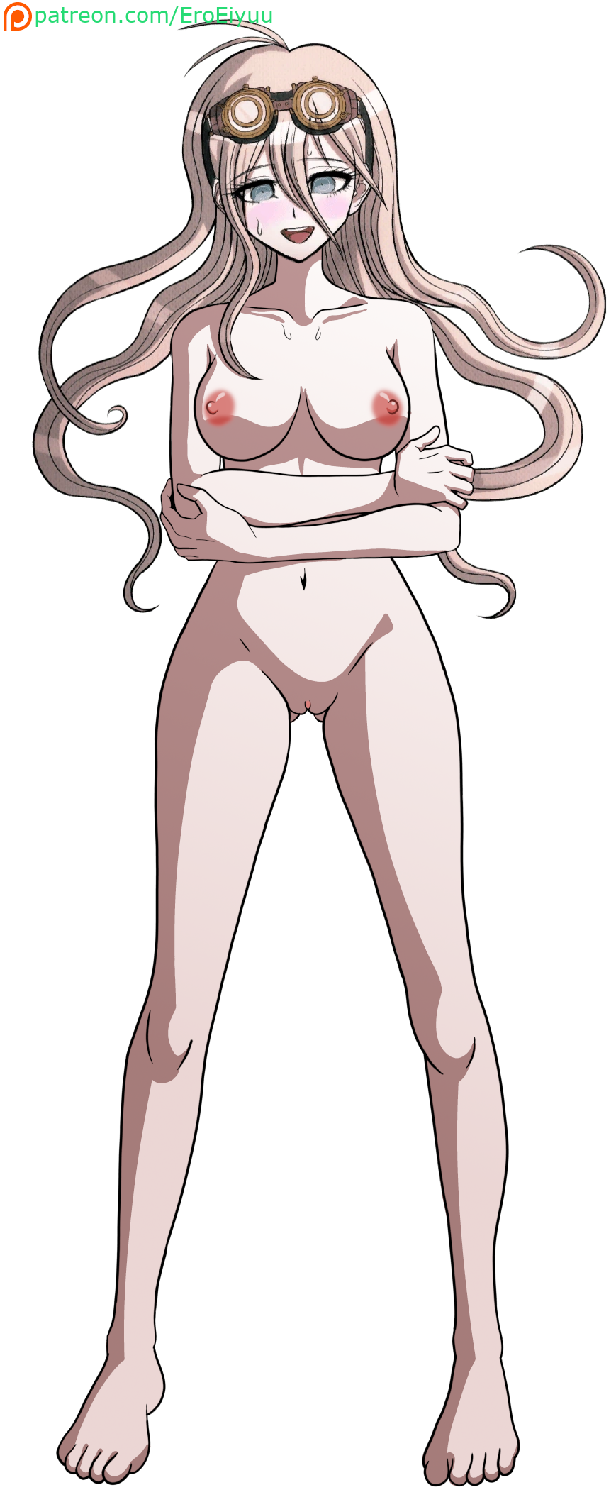 ahoge aroused bare_arms bare_legs bare_shoulders bare_stomach barefoot blonde_hair blush breasts completely_nude crossed_arms danganronpa danganronpa_(series) danganronpa_v3 danganronpa_v3:_killing_harmony eroeiyuu eyebrows eyelashes feet female female_focus full_body gluteal_fold goggles goggles_on_head hair_between_eyes highres iruma_miu large_breasts looking_at_viewer navel nude nude_filter official_art open_mouth pussy simple_background solo solo_focus sweat sweatdrop teeth third-party_edit toes tongue transparent_background upper_teeth_only