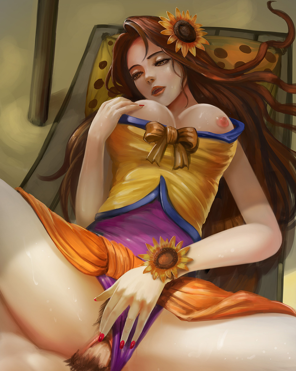 1boy, 1girls, beach, breasts, brown eyes, brown hair, chair, faceless male, female, flower, hair flower, hair ornament, league of legends, leona (league of legends), male, missionary, nail polish, nipples, nude, nude male, penis, pool party leona, pool party series, pubic hair, pussy, sex, straight, sunflower, sweat, swimsuit aside, umbrella, vaginal penetration, very long hair, windwalker