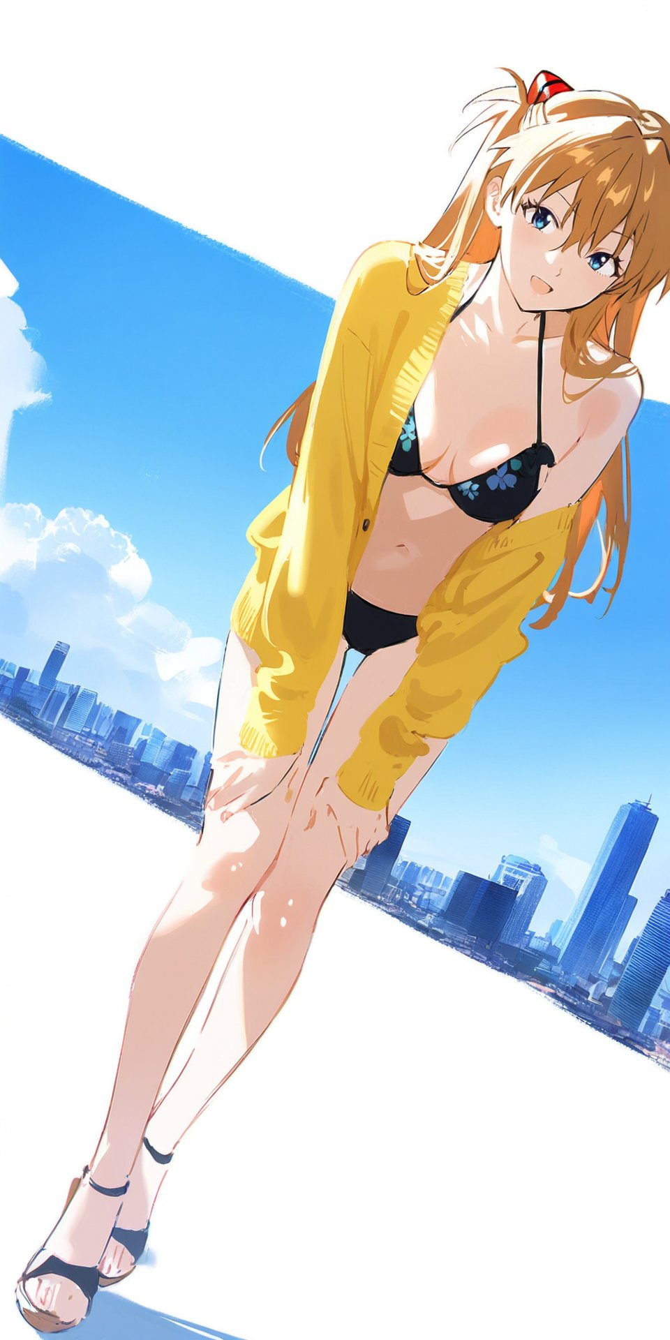 1girls ai_generated alternate_costume asuka_langley_sohryu black_bikini blue_sky building city feet floral_print full_body hands_on_own_legs large_breasts navel neon_genesis_evangelion orange_hair shoes shoppy smile sweater