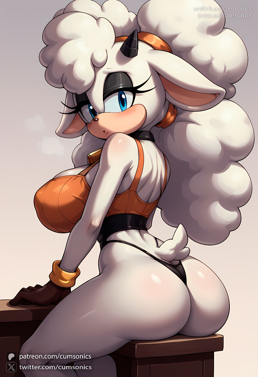 1girls ai_generated animal_ears animal_nose artist_name ass bare_shoulders blue_eyes blush body_fur breasts closed_mouth covered_nipples cumsonics female from_behind furry furry_female gloves huge_ass huge_breasts lanolin_the_sheep large_breasts long_hair looking_at_viewer looking_back non-web_source patreon_username simple_background sitting solo sonic_(series) tail thick_thighs thighs twitter_username watermark web_address white_fur