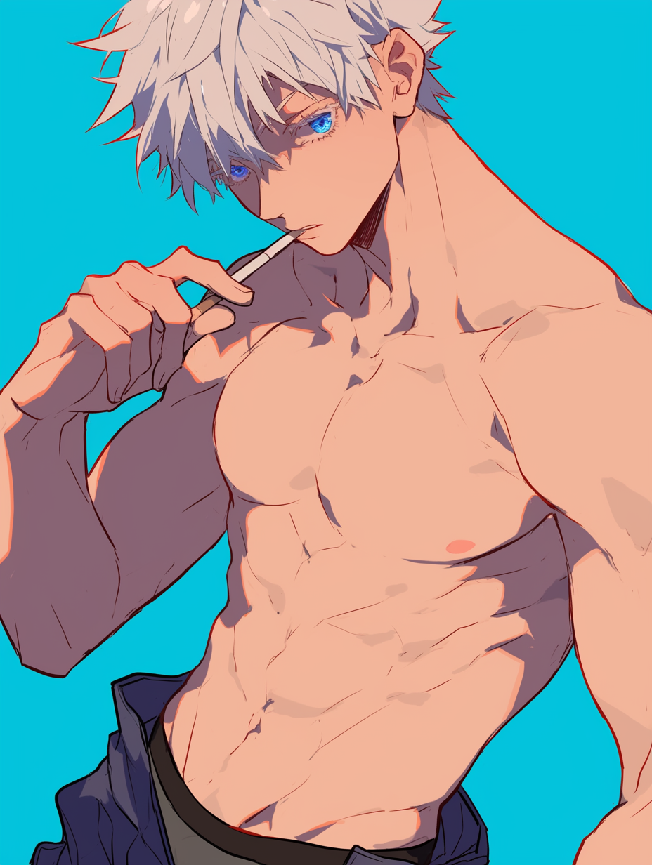 1boy abs ai_generated blue_eyes cigarette gojo_satoru jujutsu_kaisen male_only no_shirt satoru_gojo taking_clothes_off white_hair