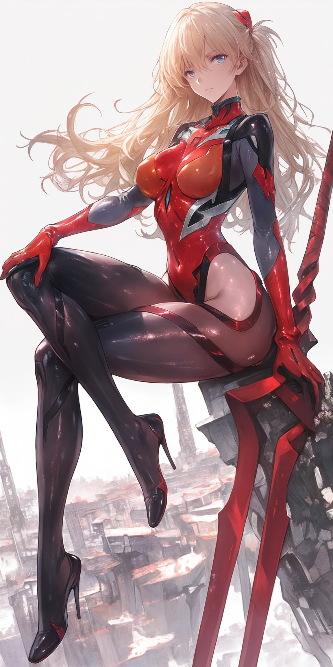 1girls ai_generated asuka_langley_sohryu heels high_heels holding_weapon large_breasts long_hair neon_genesis_evangelion orange_hair plugsuit serious shoppy sitting spear