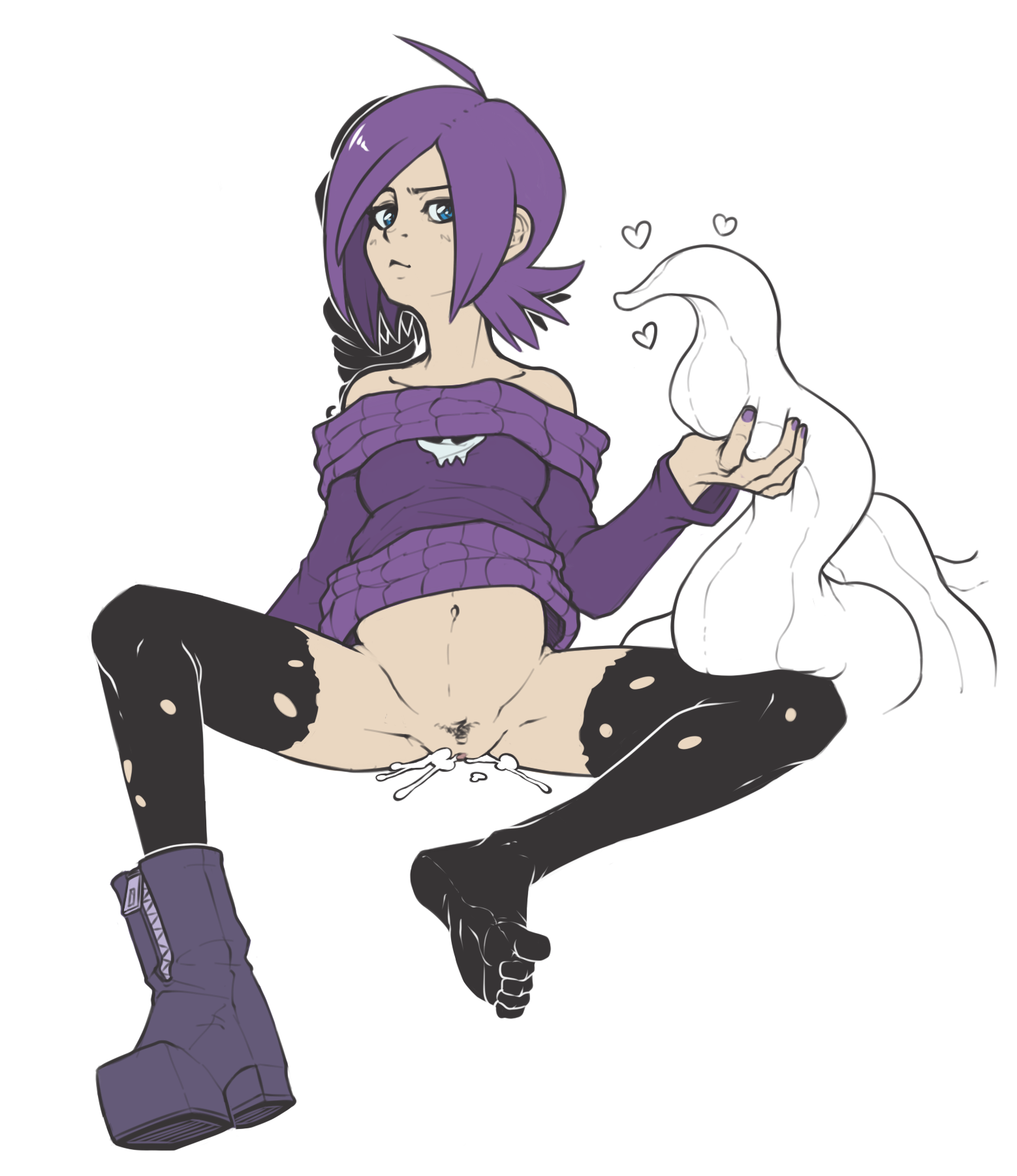 after sex, after vaginal, ahoge, asymmetrical hair, bare shoulders, black legwear, blue eyes, borrowed character, breasts, cum, cum in pussy, cumdrip, drill hair, female, hair ornament, heart, highres, long hair, navel, no panties, off-shoulder sweater, original, pubic hair, purple hair, pussy, single boot, single shoe, sitting, skull hair ornament, small breasts, solo, tentacle, thighhighs, toe socks, toes, torn clothes, torn thighhighs, uncensored, zone-tan, zsky