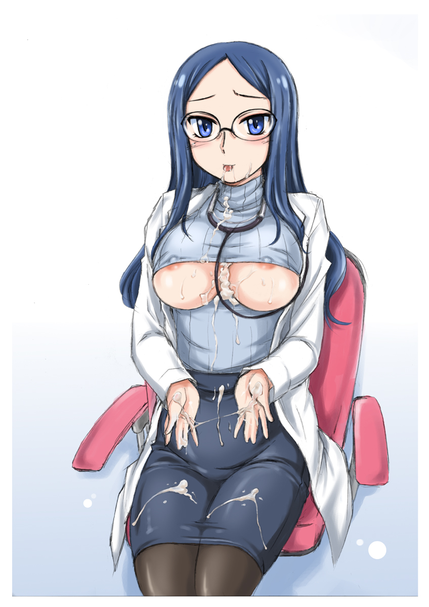 :p areolae blue_eyes blue_hair breasts clothing cum cum_on_body cum_on_breasts cum_on_lower_body cum_on_upper_body dokidoki!_precure erect_nipples facial female glasses highres hishikawa_ryouko labcoat large_breasts medium_breasts pantyhose precure pretty_cure sitting skirt solo tongue tongue_out underboob wanyan_aguda