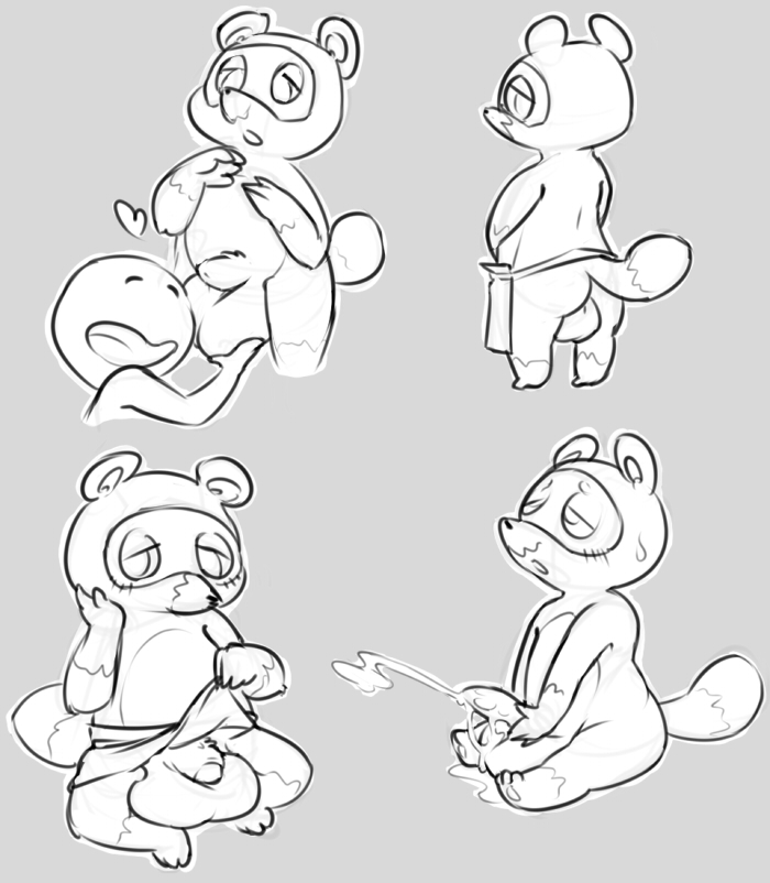 2014 animal_crossing anthro apron ass balls big_balls black_and_white cum heart male male_only mammal masturbation monochrome nintendo nude open_mouth penis ponchuzn sweat tanuki tom_nook yaoi