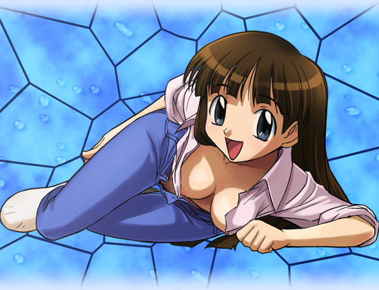 1girls blue_background haruyama huge_eyes ikaruga_mei jeans lying maze maze_bakunetsu_jikuu nipple_slip nipples no_bra no_panties open_clothes open_shirt pubic_hair shirt simple_background sleeves_rolled_up tile_background unzipped