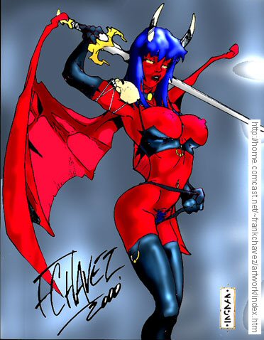 1girls 2000 alternate_version_available blue_hair chaos_comics color colored demon_girl demon_wings female female_only frank_chavez horns purgatori solo