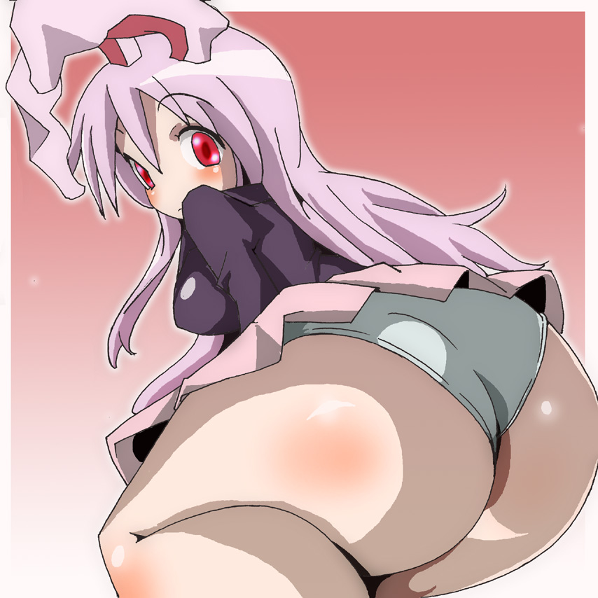 1girls animal_ear ass bangs blazer blush body_blush breasts bunny_ear female from_behind gorohati huge_ass lavender_hair long_hair looking_at_viewer looking_back miniskirt panties pink_background pleated_skirt purple_hair red_eyes reisen_udongein_inaba skirt solo straight_hair touhou underwear very_long_hair white_panties