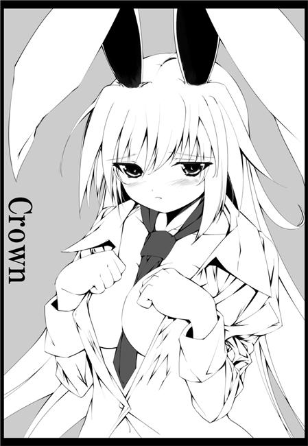 female animal_ear breasts bunny_ear cleavage large_breasts monochrome necktie reisen_udongein_inaba repair solo touhou