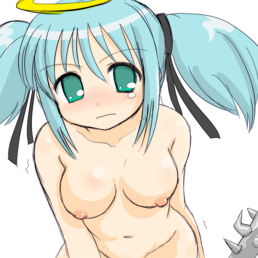 angel bludgeoning_angel_dokuro-chan blue_hair blush bokusatsu_tenshi_dokuro-chan breasts dokuro_mitsukai embarrassed enf female hair_ribbon halo medium_breasts mitsukai_dokuro nipples nude ribbon solo tears yuuichi_(tareme_paradise)