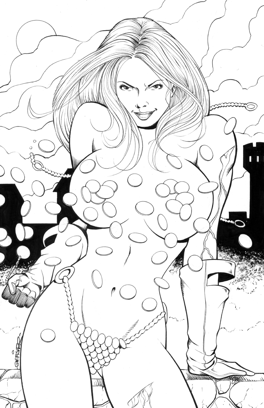 1girls chainmail_bikini female female_only g.w._fisher marvel marvel_comics monochrome red_sonja red_sonja_(comics) solo straight_hair tagme