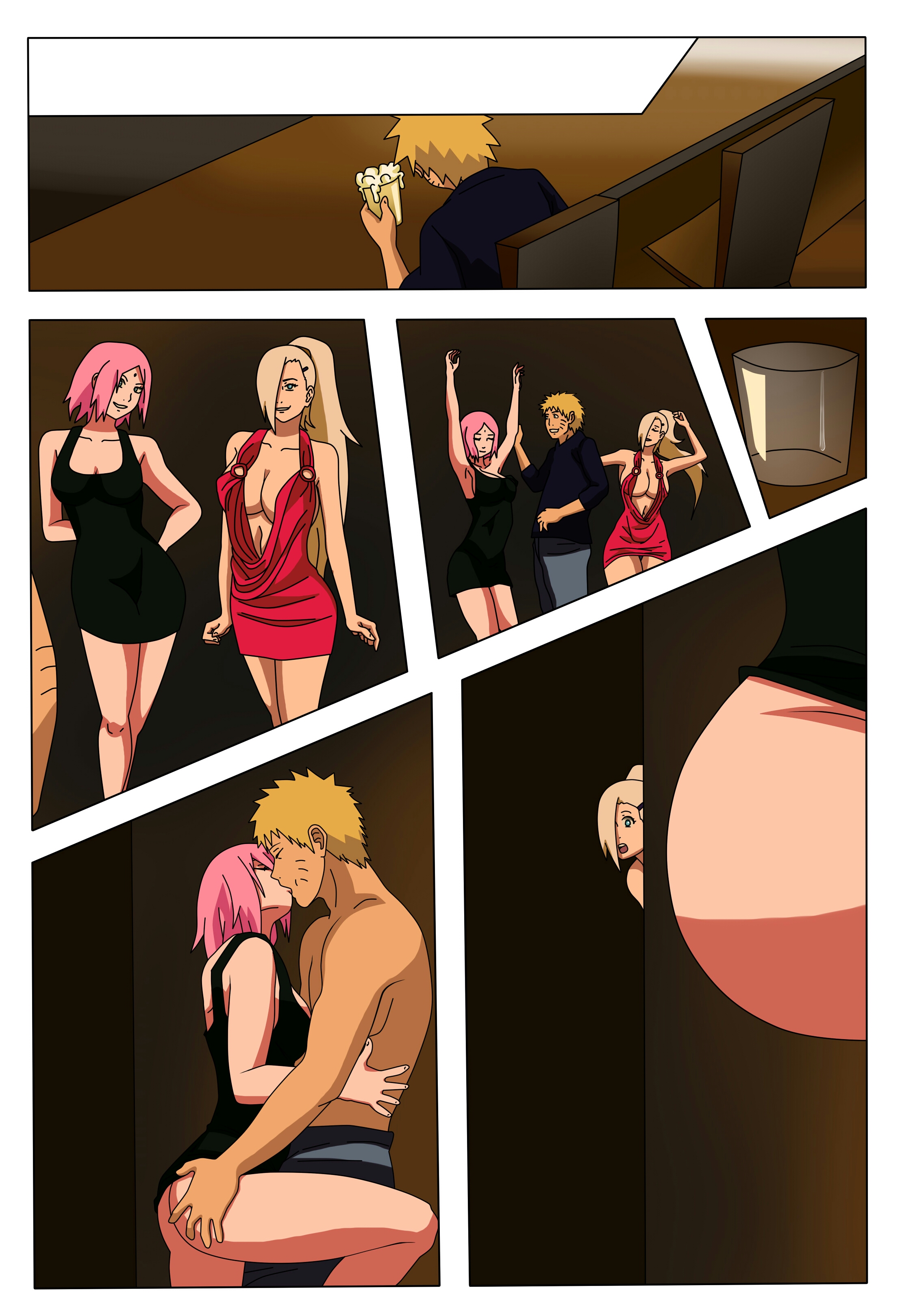 1boy, 2girls, artist request, blonde hair, comic, dancing, female, human, imminent sex, ino yamanaka, kissing, long hair, male, multiple females, multiple girls, naruto, naruto (series), naruto: the last, party, pink hair, popcorn, sakura haruno, short hair, uzumaki naruto