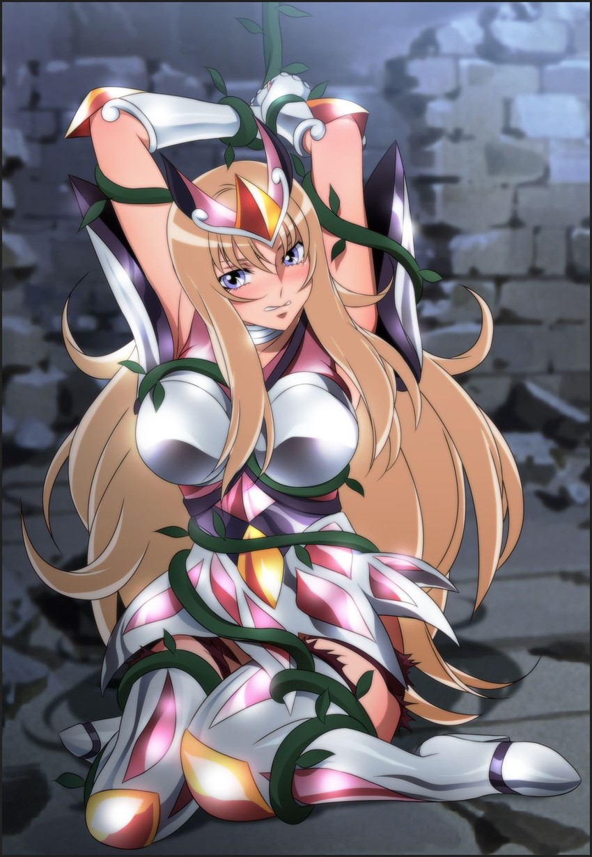 aquila_yuna armor armored_boots bondage boots breasts brown_hair camelopardalis_bartschius choker cosplay elbow_gloves female fingerless_gloves gauntlets gloves highres large_breasts long_hair pauldrons purple_eyes saint_seiya saint_seiya_omega silver_saints solo spandex thigh_boots thighhighs thorns torn_clothes yadokari_genpachirou