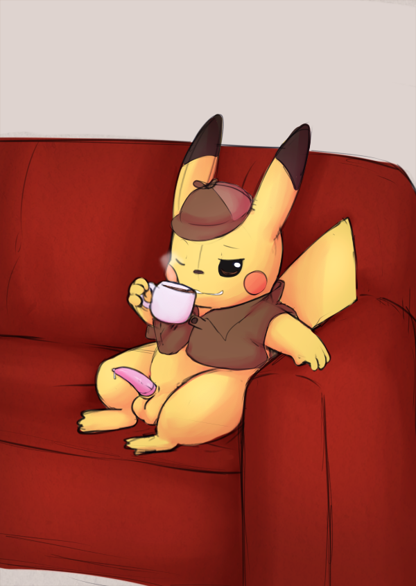 1boy animal_genitalia animal_penis anthro beverage bottomless brown_eyes clothed clothing coffee cum cum_on_penis cum_string cup deerstalker deerstalker_hat detective detective_pikachu detective_pikachu_(series) erection female furry hat headwear long_ears looking_at_viewer male male_only mammal moonlight-kat nintendo one_eye_closed penis pikachu pokémon_(species) pokemon pokemon_detective_pikachu rodent shirt sitting smile smug sofa solo tail tapering_penis testicles video_games