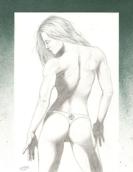 1girls 2005 ass back_view fantastic_four female female_only g.w._fisher hulk_(series) marvel marvel_comics monochrome panties pinup rear_view she-hulk solo straight_hair thong topless