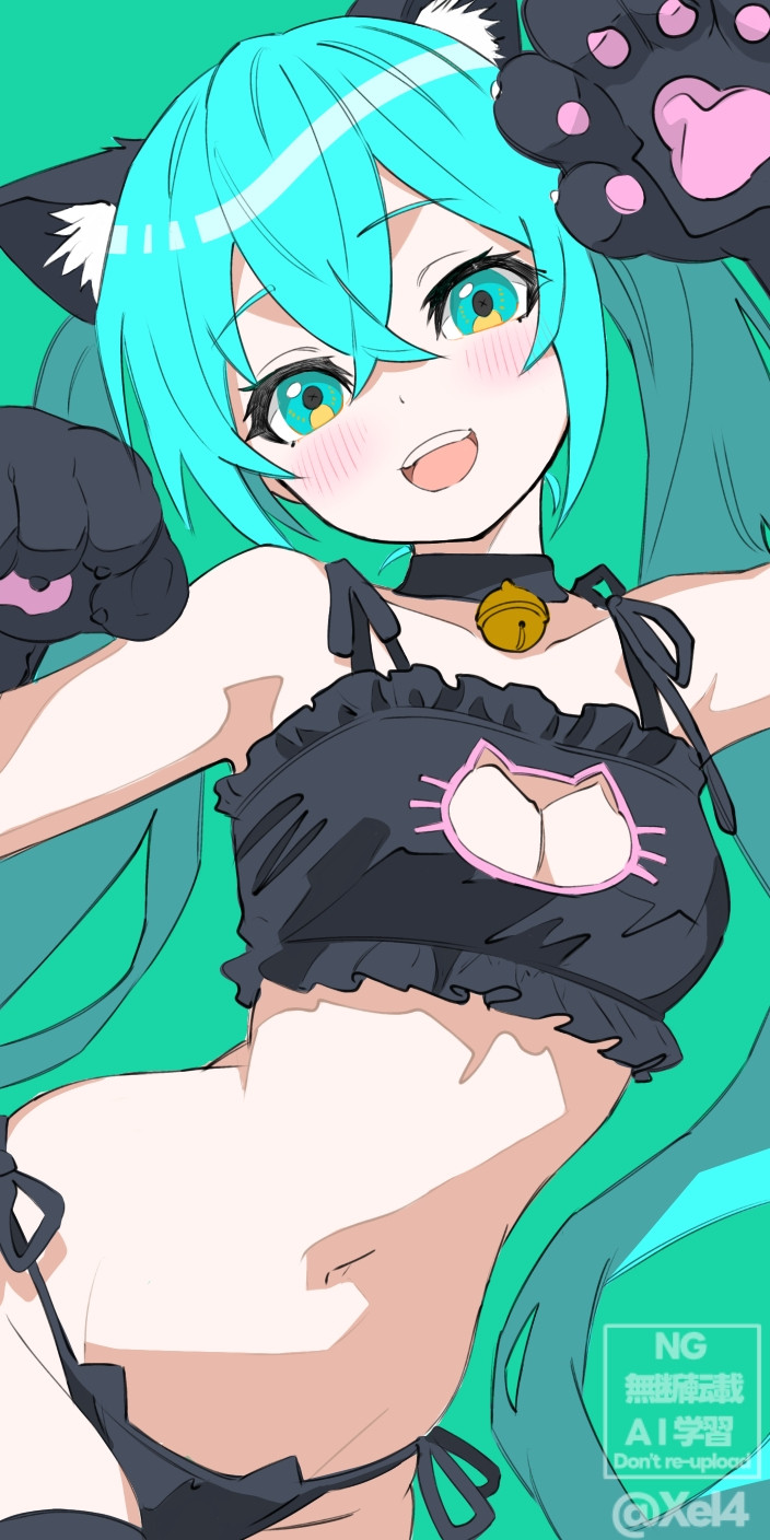 :d, 1girl, animal ear fluff, animal ears, animal hands, aqua eyebrows, aqua eyes, aqua hair, artist name, bangs, bare shoulders, bell, bell choker, bell collar, black bikini, black bra, black choker, black lingerie, black panties, blush, boob window, bra, breasts, cat bikini, cat collar, cat cutout, cat ear panties, cat ears, cat ears hairband, cat lingerie, cat paws, choker, cleavage, cleavage cutout, clothing cutout, collarbone, crossed bangs, cute, female, frilled bra, frills, gloves, green background, hair between eyes, hatsune miku, jingle bell, long hair, looking at viewer, medium breasts, meme attire, navel, neck bell, open mouth, panties, paw gloves, paw pose, side-tie panties, simple background, smile, smiling, smiling at viewer, solo, teeth, twintails, twitter username, underwear, underwear only, upper teeth only, very long hair, xel4