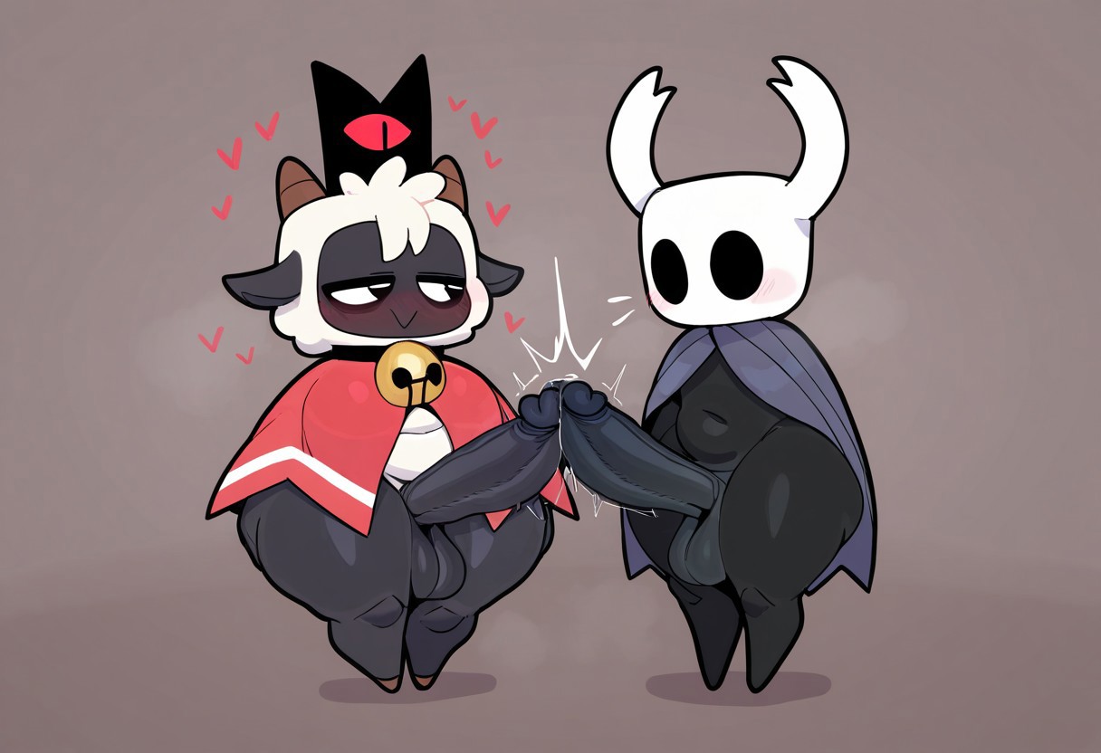 2025, absurd res, ai generated, anthro, balls, bell, big balls, big penis, black body, blush, bodily fluids, bovid, cape, caprine, clothing, duo, erection, foreskin, genital fluids, genitals, heart, hellsonger, hi res, hollow knight, horn, huge cock, huge hips, humanoid genitalia, humanoid penis, lamb (cult of the lamb), long penis, male, male/male, mammal, penis, precum, precum drip, precum string, simple background, small but hung, the knight (hollow knight), thick penis, thick thighs, uncircumcised, vein, veiny penis