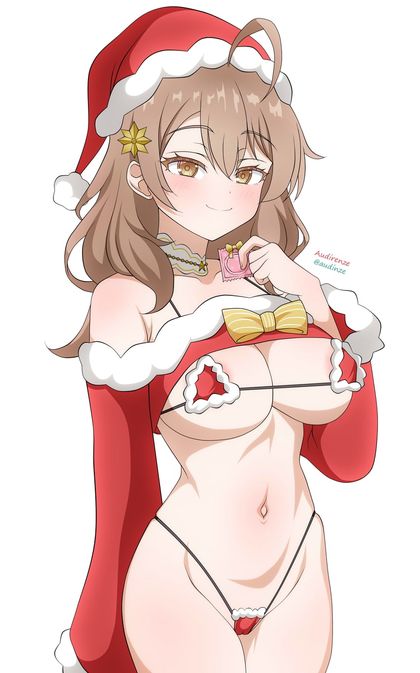 1girls, absurd res, ahoge, areola slip, audirenze, bikini, breasts, brown eyes, brown hair, commentary, condom, female, fur trim, fur-trimmed bikini, fur-trimmed headwear, hat, hi res, highleg, highleg bikini, holding, holding condom, large breasts, long hair, looking at viewer, maria mikhailovna kujou, navel, red bikini, red hat, santa bikini, santa costume, santa hat, simple background, smile, solo, swimsuit, tokidoki bosotto russian de dereru tonari no alya-san, white background